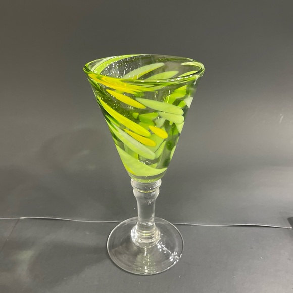Hand Blown Glass Goblet - Green and Yellow Mixed Glass - 8" Tall - Picture 2 of 10